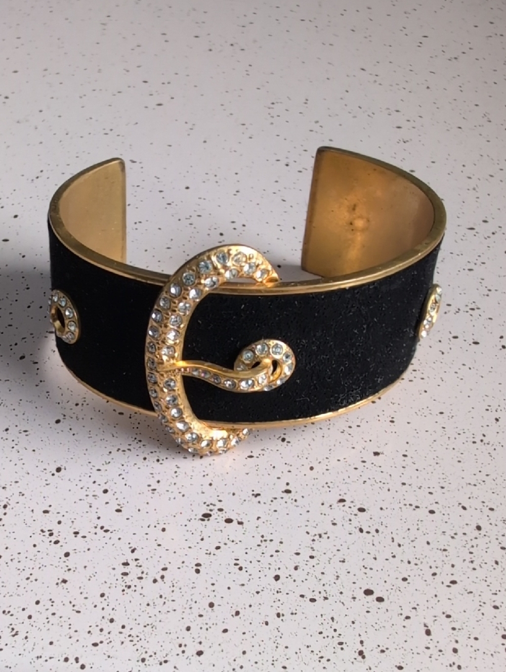 Vintage 1940s Depose AFD Goldtone and Black Suede Crystal Accent Cuff Bracelet